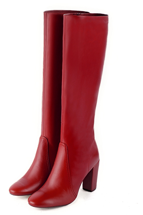 Cardinal red women's feminine knee-high boots. Round toe. High block heels. Made to measure. Front view - Florence KOOIJMAN